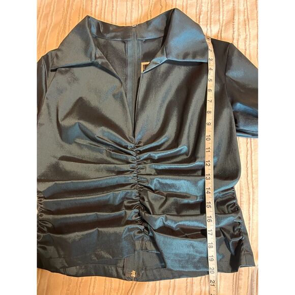 Vintage Tadashi Iridescent Blue Taffeta Rouching V Neck Women's Long Sleeve Top - Picture 6 of 6